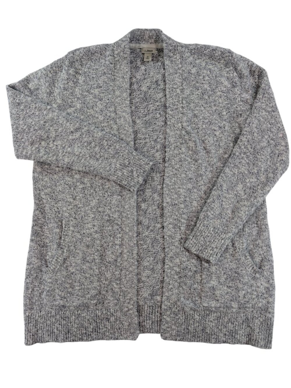 L.L. Bean Cotton Ragg Knit Open Front Cardigan Sweater Gray White Women XL Petit